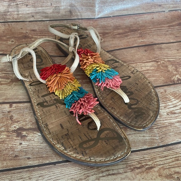 SAM EDELMAN GATES EMBELLISHED LEATHER FRINGE THONG SANDAL SADDLE MULTICOLOR SZ 8 - Picture 1 of 14